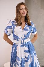 Load image into Gallery viewer, Gianna Leaf Blue/White Palm Print Button Front Belted Midi Dress