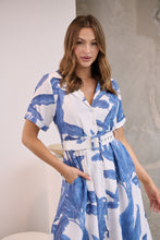 Load image into Gallery viewer, Gianna Leaf Blue/White Palm Print Button Front Belted Midi Dress