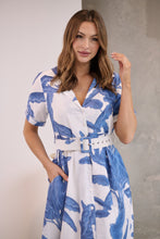 Load image into Gallery viewer, Gianna Leaf Blue/White Palm Print Button Front Belted Midi Dress