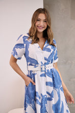 Load image into Gallery viewer, Gianna Leaf Blue/White Palm Print Button Front Belted Midi Dress