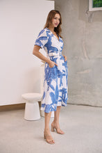 Load image into Gallery viewer, Gianna Leaf Blue/White Palm Print Button Front Belted Midi Dress