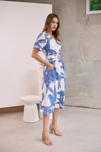 Load image into Gallery viewer, Gianna Leaf Blue/White Palm Print Button Front Belted Midi Dress