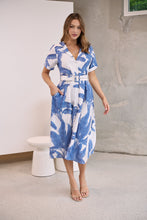 Load image into Gallery viewer, Gianna Leaf Blue/White Palm Print Button Front Belted Midi Dress
