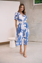 Load image into Gallery viewer, Gianna Leaf Blue/White Palm Print Button Front Belted Midi Dress