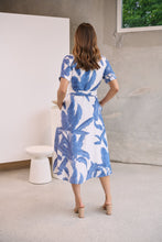 Load image into Gallery viewer, Gianna Leaf Blue/White Palm Print Button Front Belted Midi Dress