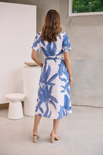 Load image into Gallery viewer, Gianna Leaf Blue/White Palm Print Button Front Belted Midi Dress