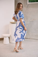 Load image into Gallery viewer, Gianna Leaf Blue/White Palm Print Button Front Belted Midi Dress