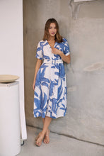 Load image into Gallery viewer, Gianna Leaf Blue/White Palm Print Button Front Belted Midi Dress