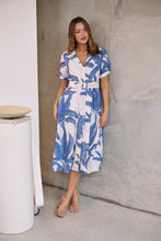 Load image into Gallery viewer, Gianna Leaf Blue/White Palm Print Button Front Belted Midi Dress