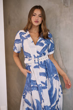 Load image into Gallery viewer, Gianna Leaf Blue/White Palm Print Button Front Belted Midi Dress