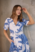 Load image into Gallery viewer, Gianna Leaf Blue/White Palm Print Button Front Belted Midi Dress