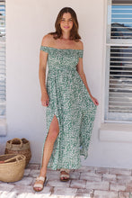 Load image into Gallery viewer, Gypsy Off Shoulder Green Ditsy Print Shirred Maxi Dress