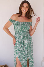 Load image into Gallery viewer, Gypsy Off Shoulder Green Ditsy Print Shirred Maxi Dress