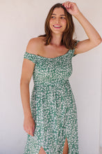 Load image into Gallery viewer, Gypsy Off Shoulder Green Ditsy Print Shirred Maxi Dress
