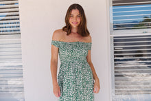 Load image into Gallery viewer, Gypsy Off Shoulder Green Ditsy Print Shirred Maxi Dress