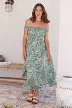 Load image into Gallery viewer, Gypsy Off Shoulder Green Ditsy Print Shirred Maxi Dress