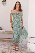Load image into Gallery viewer, Gypsy Off Shoulder Green Ditsy Print Shirred Maxi Dress