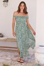 Load image into Gallery viewer, Gypsy Off Shoulder Green Ditsy Print Shirred Maxi Dress