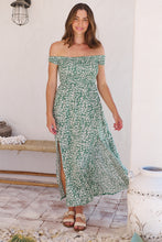 Load image into Gallery viewer, Gypsy Off Shoulder Green Ditsy Print Shirred Maxi Dress