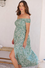 Load image into Gallery viewer, Gypsy Off Shoulder Green Ditsy Print Shirred Maxi Dress