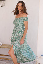 Load image into Gallery viewer, Gypsy Off Shoulder Green Ditsy Print Shirred Maxi Dress
