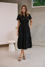 Load image into Gallery viewer, Cyrene Short Sleeve Collared Black Midi Dress
