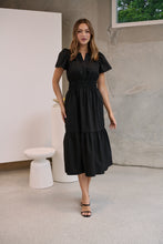 Load image into Gallery viewer, Cyrene Short Sleeve Collared Black Midi Dress