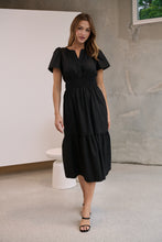 Load image into Gallery viewer, Cyrene Short Sleeve Collared Black Midi Dress