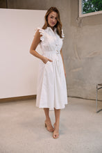 Load image into Gallery viewer, Estelle White Collared Frill Sleeve Pleated Midi Dress