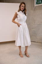 Load image into Gallery viewer, Estelle White Collared Frill Sleeve Pleated Midi Dress