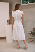Load image into Gallery viewer, Estelle White Collared Frill Sleeve Pleated Midi Dress
