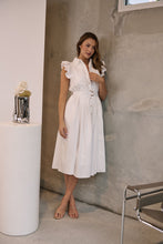 Load image into Gallery viewer, Estelle White Collared Frill Sleeve Pleated Midi Dress