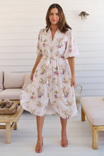 Load image into Gallery viewer, Keeley White/Orange Floral Collared Tie Waist Midi Dress