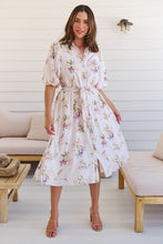 Load image into Gallery viewer, Keeley White/Orange Floral Collared Tie Waist Midi Dress