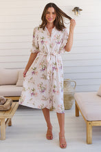 Load image into Gallery viewer, Keeley White/Orange Floral Collared Tie Waist Midi Dress