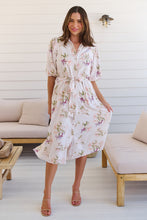 Load image into Gallery viewer, Keeley White/Orange Floral Collared Tie Waist Midi Dress