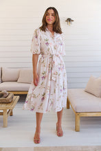 Load image into Gallery viewer, Keeley White/Orange Floral Collared Tie Waist Midi Dress