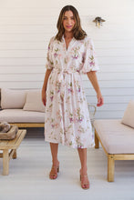 Load image into Gallery viewer, Keeley White/Orange Floral Collared Tie Waist Midi Dress