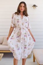 Load image into Gallery viewer, Keeley White/Orange Floral Collared Tie Waist Midi Dress