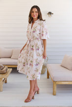 Load image into Gallery viewer, Keeley White/Orange Floral Collared Tie Waist Midi Dress