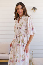 Load image into Gallery viewer, Keeley White/Orange Floral Collared Tie Waist Midi Dress