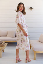 Load image into Gallery viewer, Keeley White/Orange Floral Collared Tie Waist Midi Dress