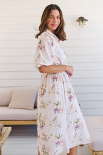 Load image into Gallery viewer, Keeley White/Orange Floral Collared Tie Waist Midi Dress