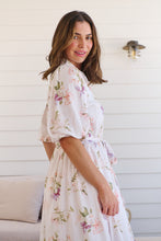 Load image into Gallery viewer, Keeley White/Orange Floral Collared Tie Waist Midi Dress