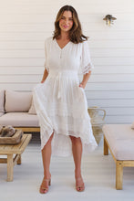 Load image into Gallery viewer, Alize Lace Detail Shirred Waist Swiss Dot Midi Dress