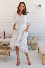 Load image into Gallery viewer, Alize Lace Detail Shirred Waist Swiss Dot Midi Dress