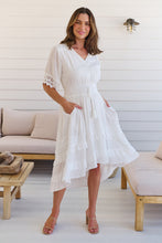 Load image into Gallery viewer, Alize Lace Detail Shirred Waist Swiss Dot Midi Dress