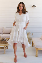 Load image into Gallery viewer, Alize Lace Detail Shirred Waist Swiss Dot Midi Dress