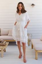 Load image into Gallery viewer, Alize Lace Detail Shirred Waist Swiss Dot Midi Dress