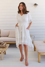 Load image into Gallery viewer, Alize Lace Detail Shirred Waist Swiss Dot Midi Dress